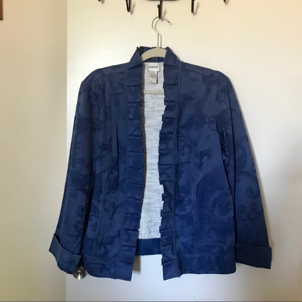 Chico’s Blue Floral Brocade Jacket Size 2